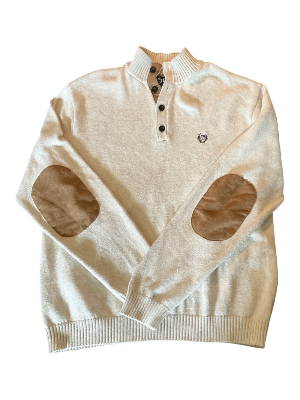 Chaps Cream Zip-Neck Sweater with Tan Elbow Patches